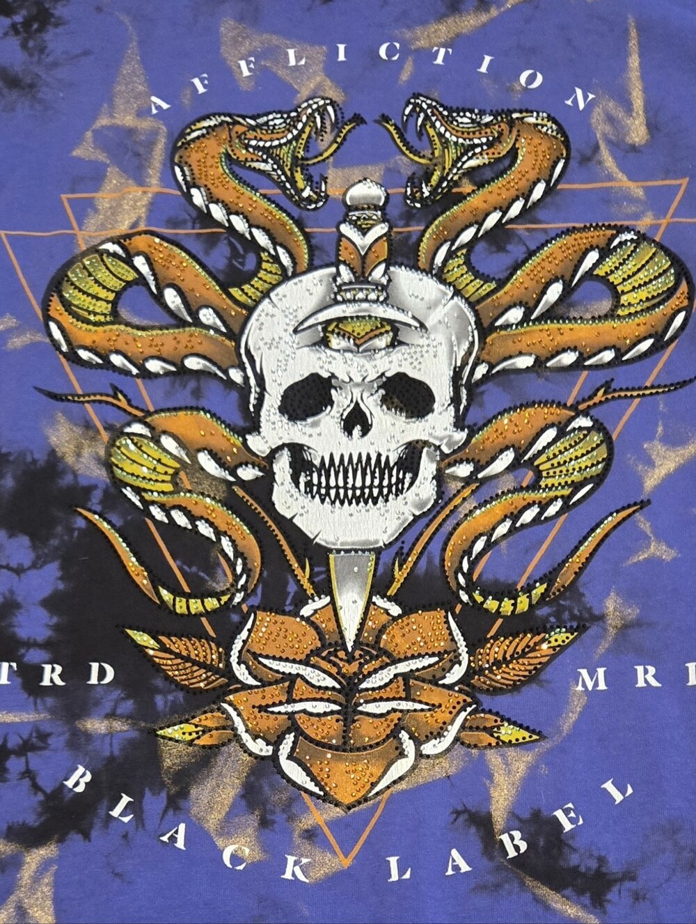 Affliction Purple Tee with Orange & Gold Skull and Serpents Graphic